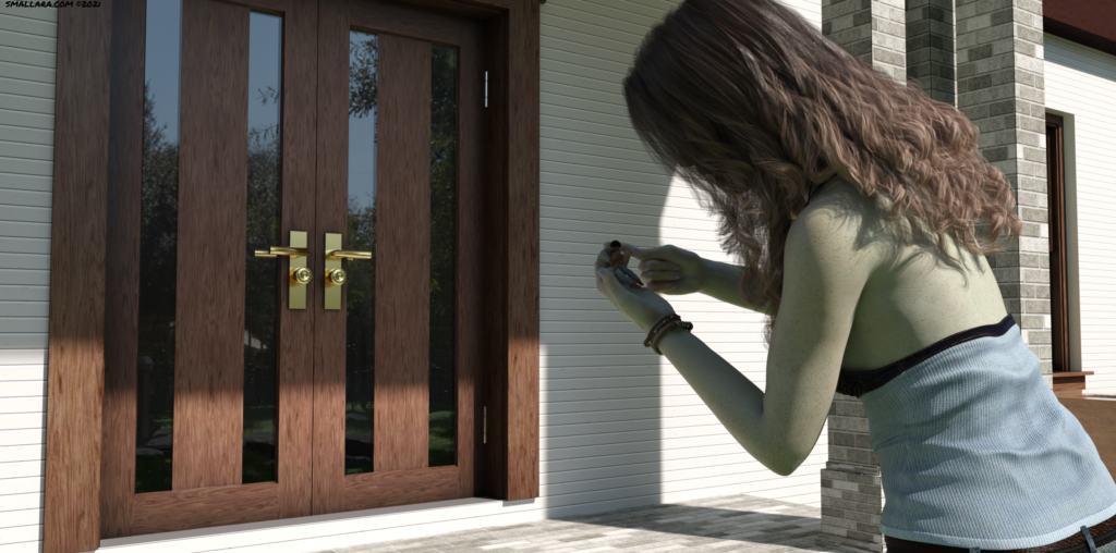 The young giant is carrying her small neighbor inside her home.