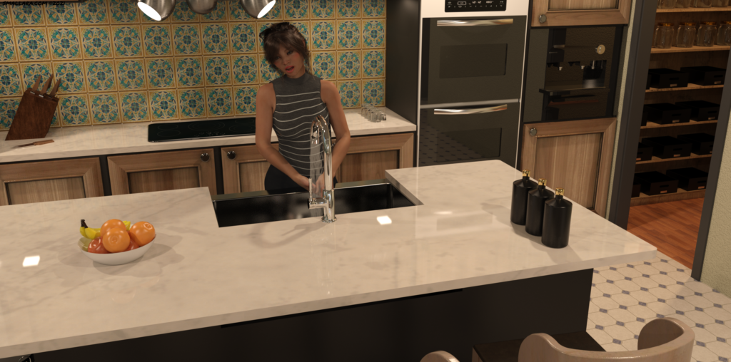 An older giant is washing the dishes as her daughter rushes in holding a miniature person.