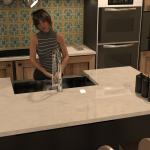 An older giant is washing the dishes as her daughter rushes in holding a miniature person.