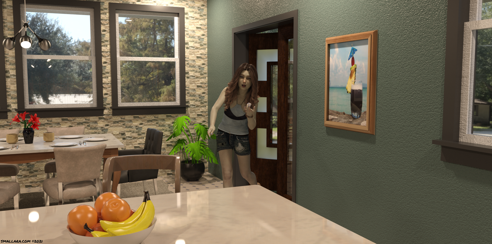 The young giant walks into the kitchen explaining to her mother she found a tiny person.