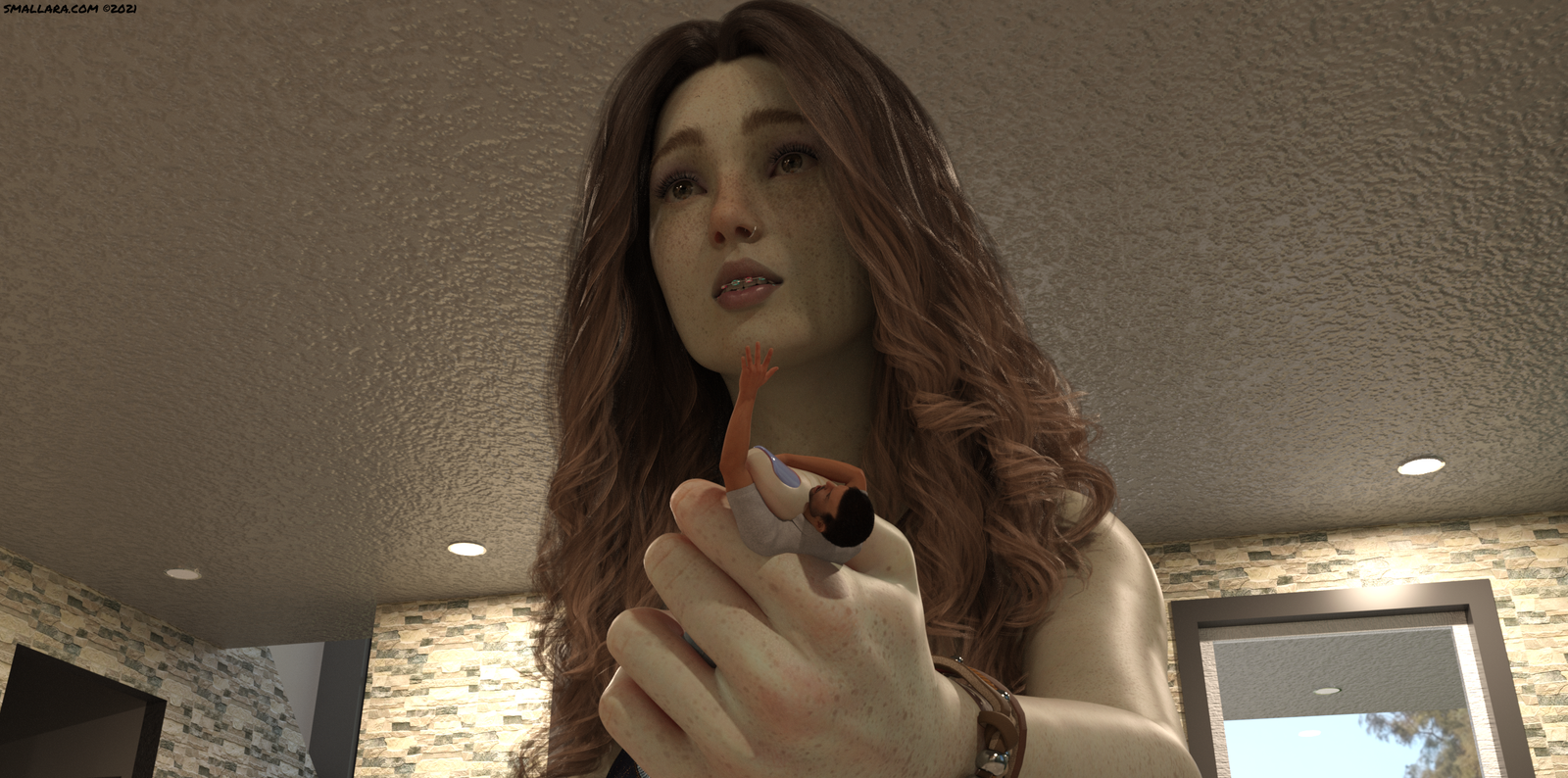 The Small person was gripped in the young giantesses hand as she entered her room to show her mother.
