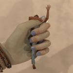 The giantess grips the small man in her hand while speaking with her mother