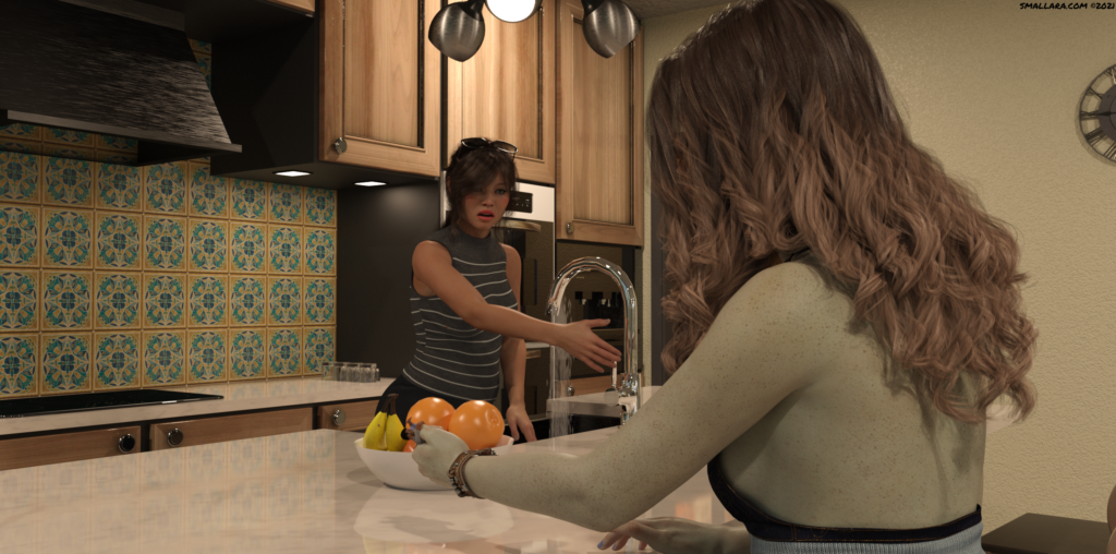 The young giantess holds the small man out toward her mother to show her.