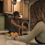 The young giantess holds the small man out toward her mother to show her.