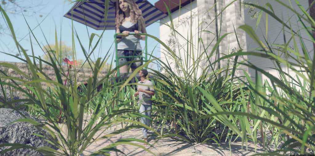 A young giantess woman is mowing her backyard while a miniaturized person is making his way through the same yard