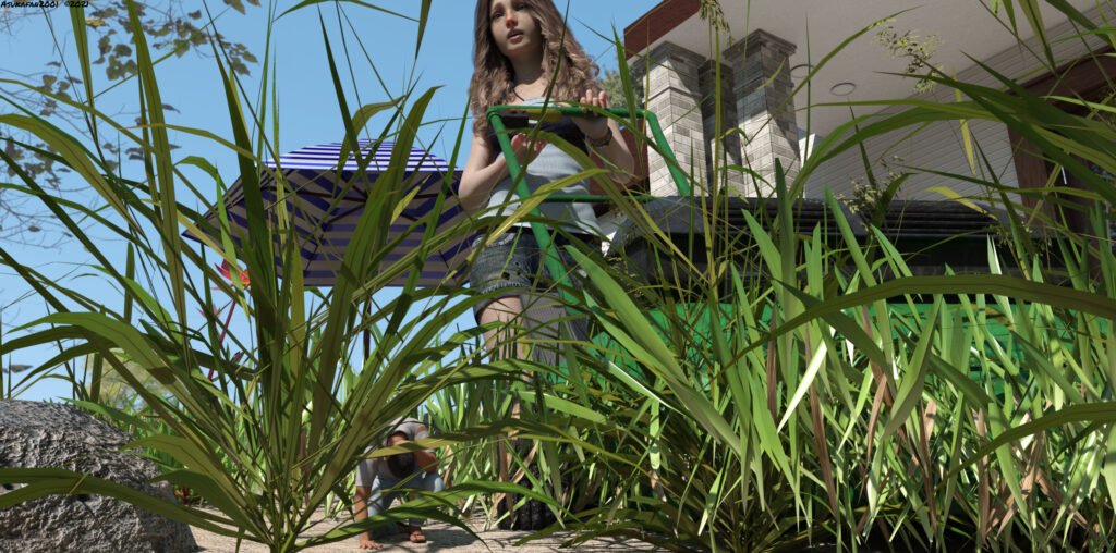 A young giantess is mowing her yard while a small person is trying to avoid doom.