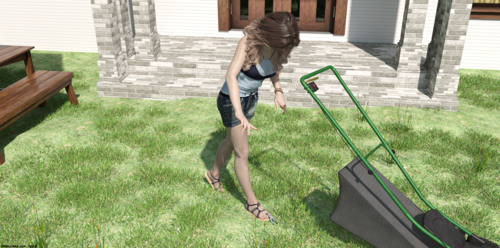 The young giantess looks down at the tiny person who fell onto her foot.