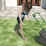 The young giantess looks down at the tiny person who fell onto her foot.