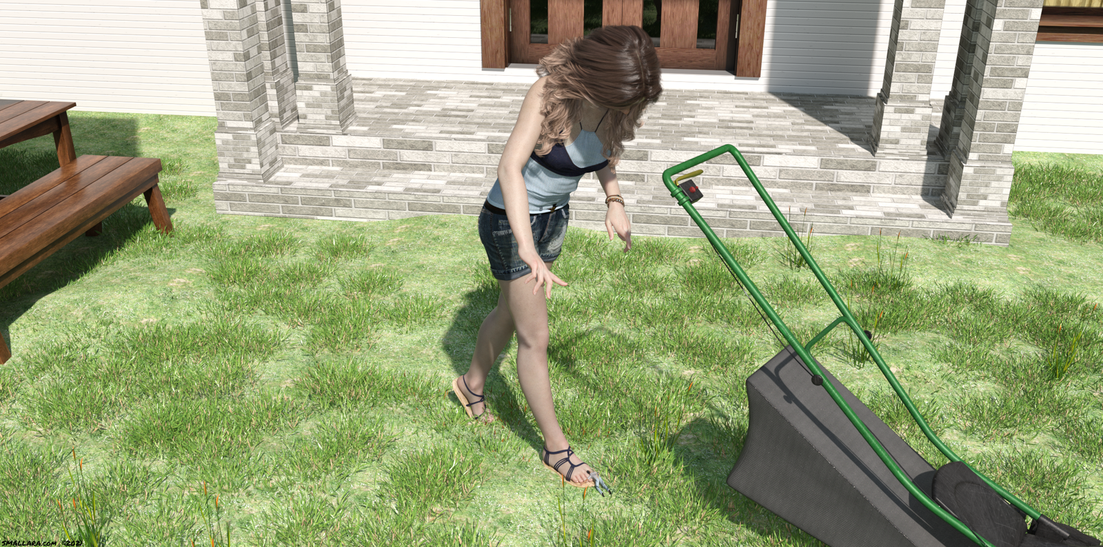 The young giantess looks down at the tiny person who fell onto her foot.